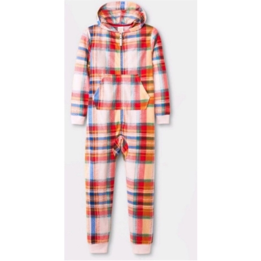 Cat & Jack Pajamas Pink Plaid Printed Union Suit Hooded Sleepwear Girls Medium 8